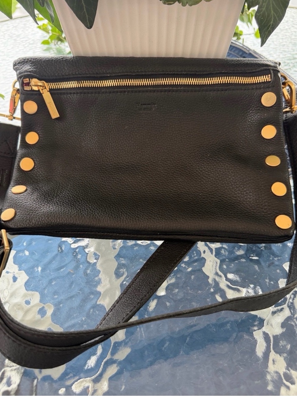 Hammitt Dylan medium two-toned leather crossbody beige & black w gold hardware